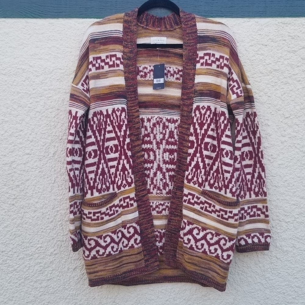 NWT Lucky Brand long line open front jacquard cardigan red cream tan small